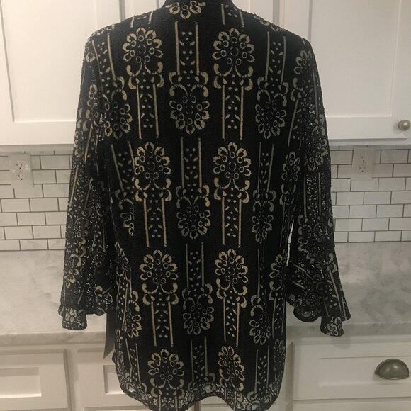 Calessa Shirt Womens Large Black Beige Lace Tunic V Neck Lined Bohemian Western - Picture 5 of 9